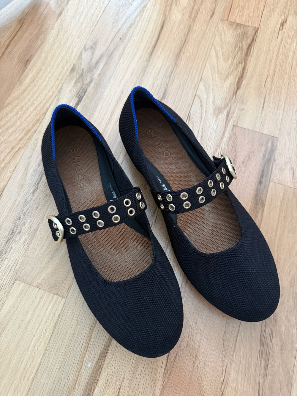 Rothy’s Black Mary Jane Flats with Gold Eyelet Strap